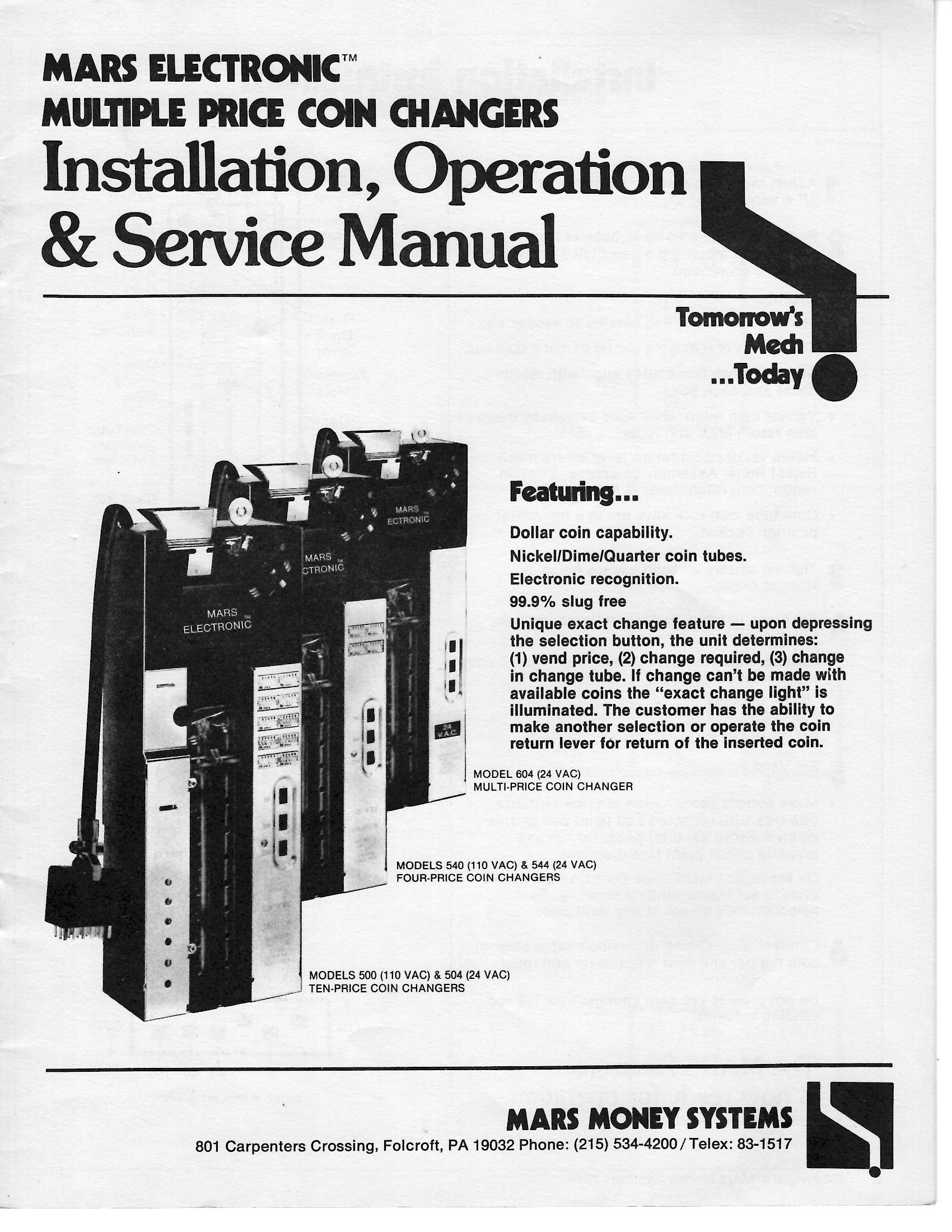 Mars Electronic Multiple Price Coin Changer Installation, Operation
